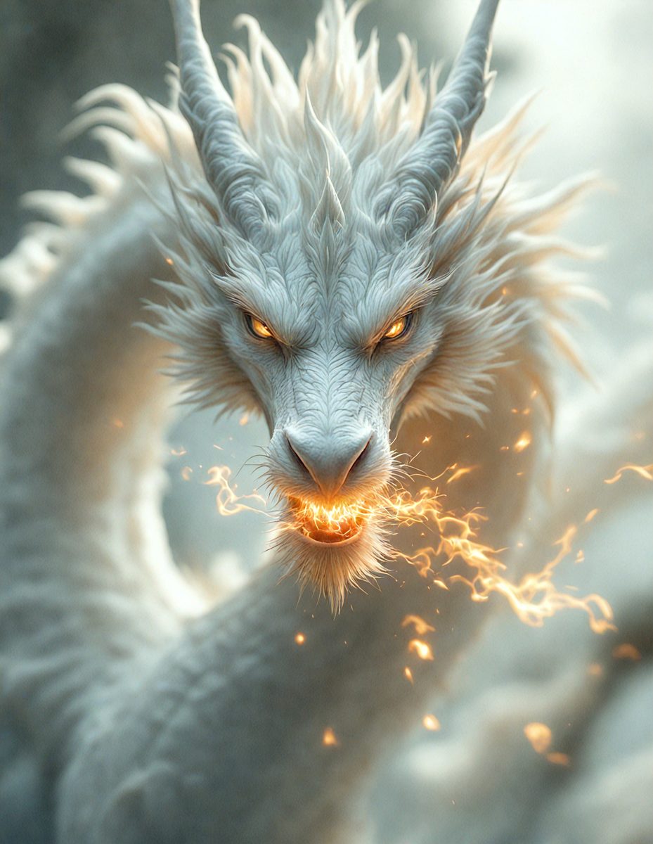 The primary subject of the image is a white dragon with a fierce expression. The dragon is surrounded by a bright, yellow-orange glow, which adds to its menacing appearance. The setting appears to be a dark, possibly magical, environment, with the dragon as the main focus. The visual style of the image is digital art, with the dragon's features and the glowing effect created through digital manipulation. The colors and mood of the image are intense and dramatic, with the bright glow and the dragon's fierce expression evoking a sense of danger and power.